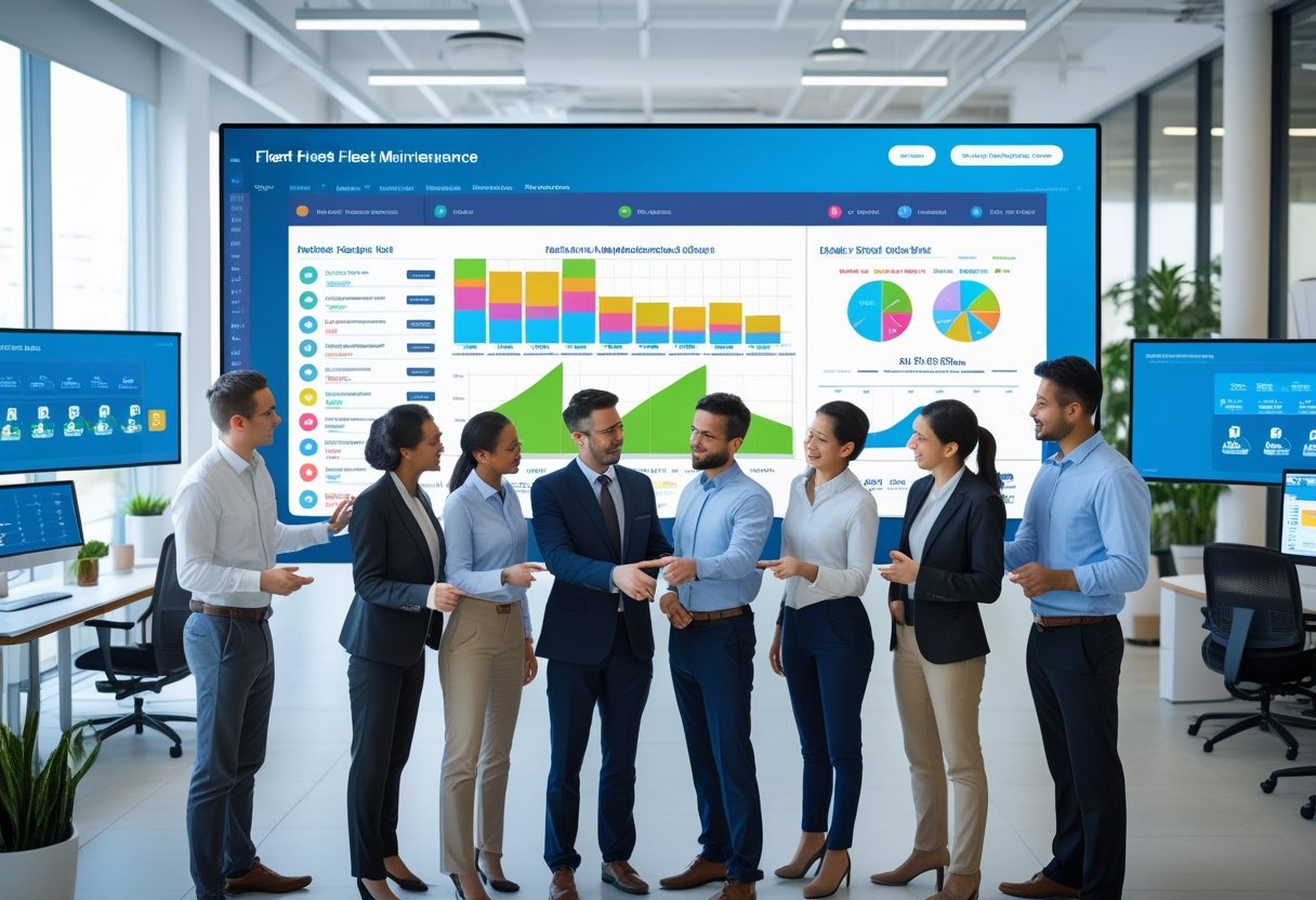 A team of professionals collaborating around a large touchscreen displaying fleet maintenance software in a modern office.