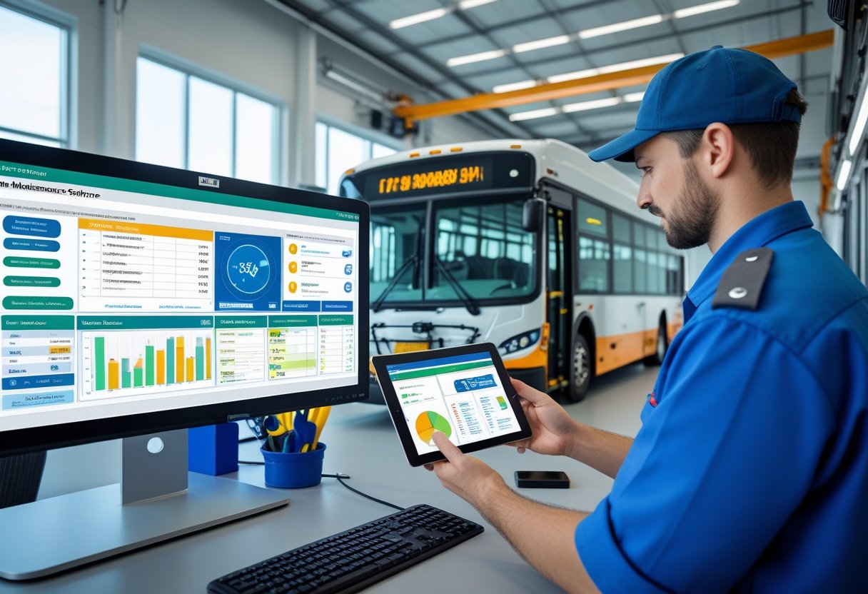 A technician uses bus maintenance software on a computer and tablet inside a garage with a city bus in the background.