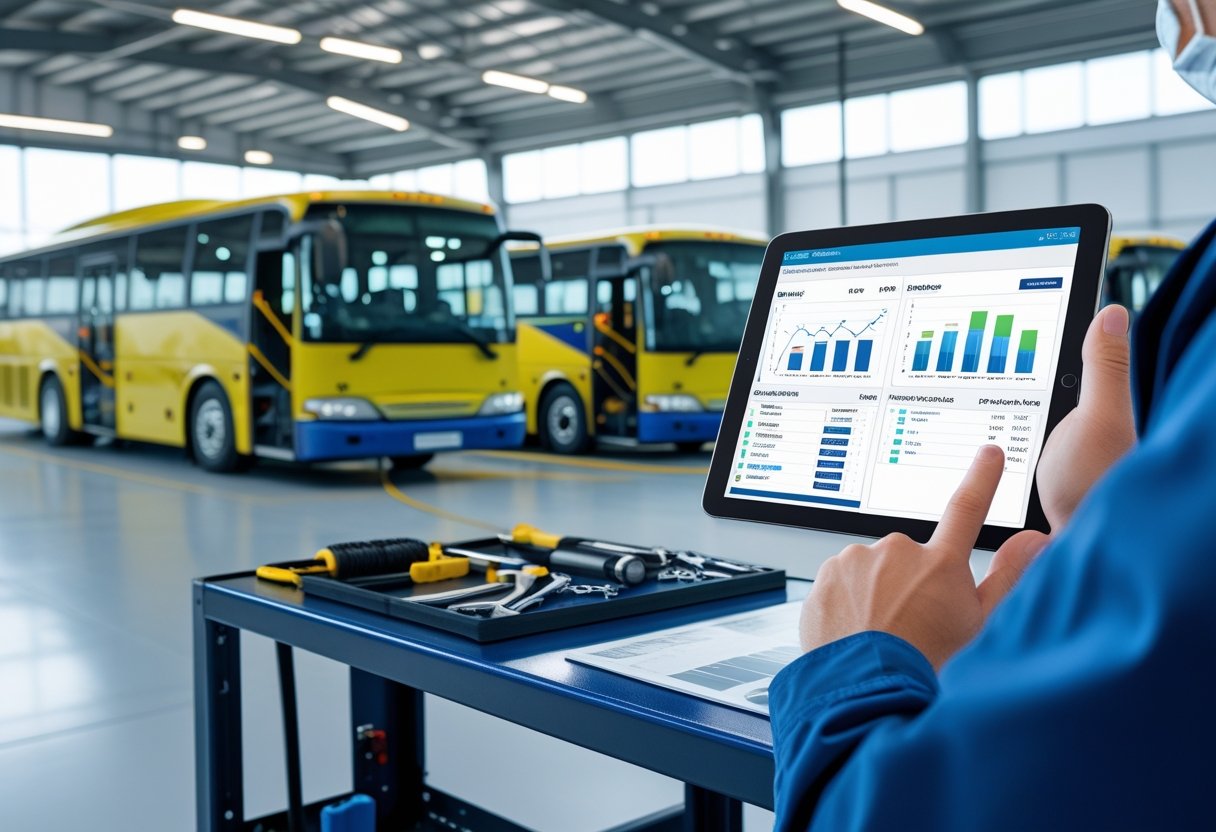 A maintenance technician uses a tablet to check bus maintenance data in a bus depot with several buses parked nearby.
