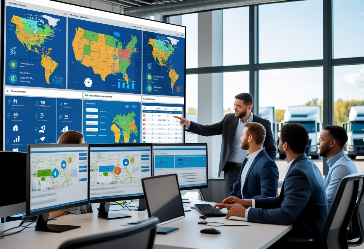 A team of professionals in an office uses software with maps and data on screens to manage a truck fleet, with trucks visible outside the window.