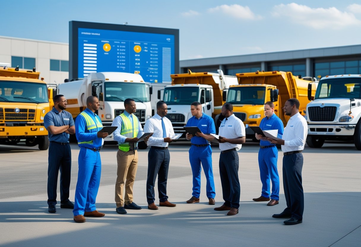 Municipal fleet managers and technicians discussing and reviewing data in an outdoor fleet yard surrounded by municipal service vehicles.