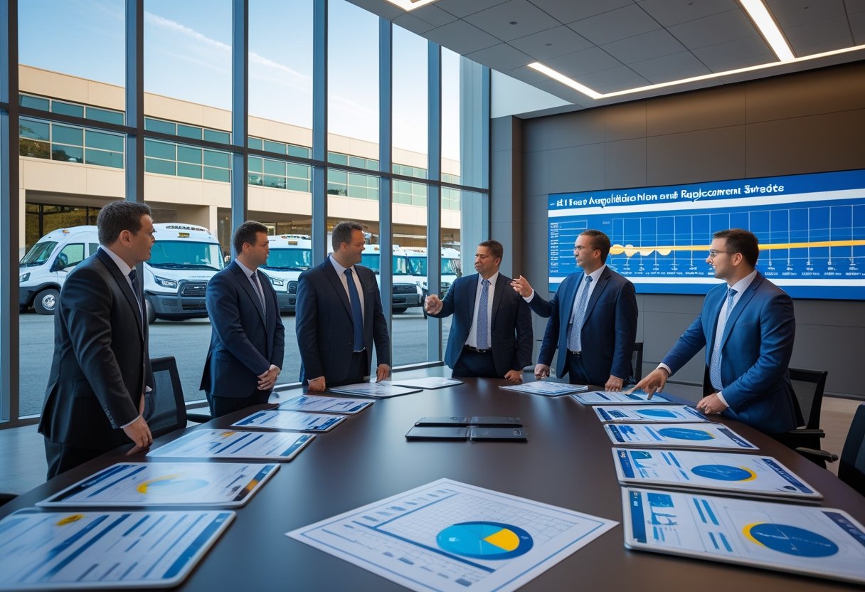 City officials and fleet managers in a conference room reviewing vehicle plans and data with municipal vehicles visible through the window.