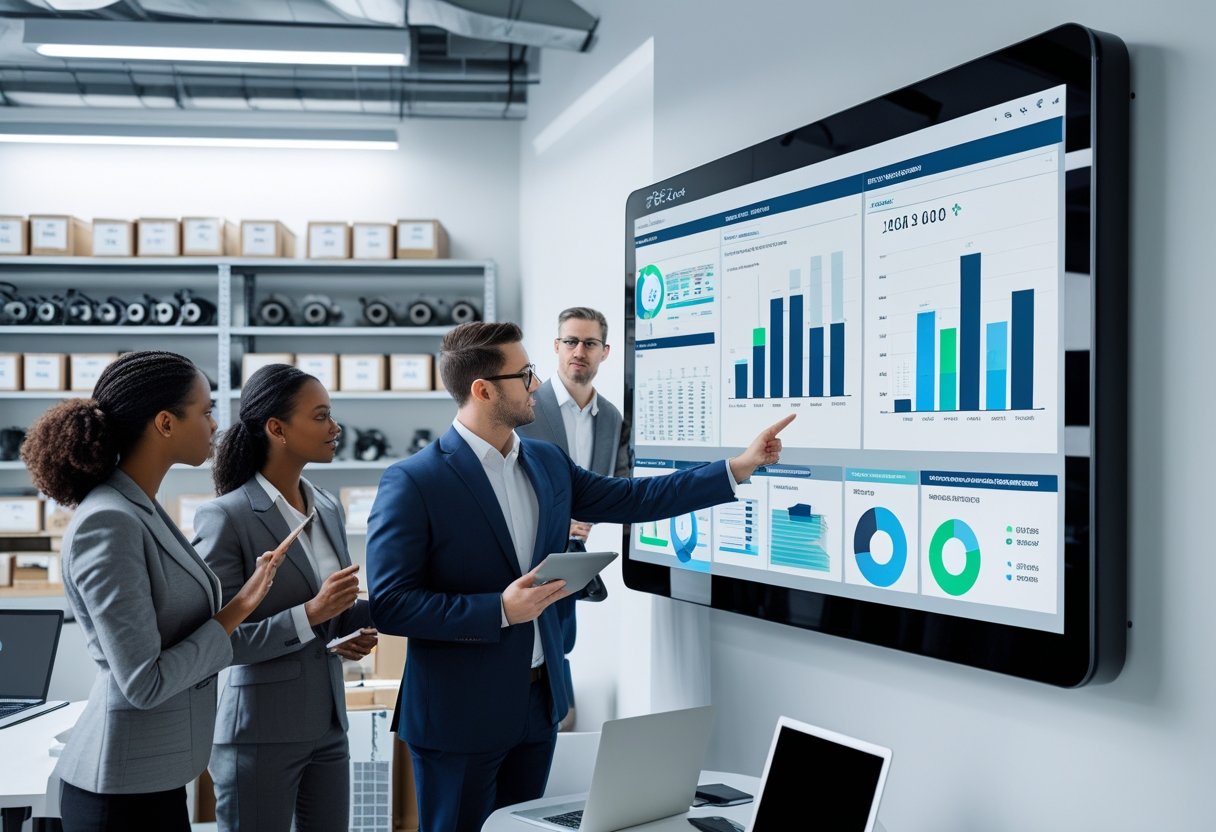 A group of professionals collaborating around a large digital touchscreen displaying parts inventory and tracking charts in a modern office with shelves of organized mechanical parts.