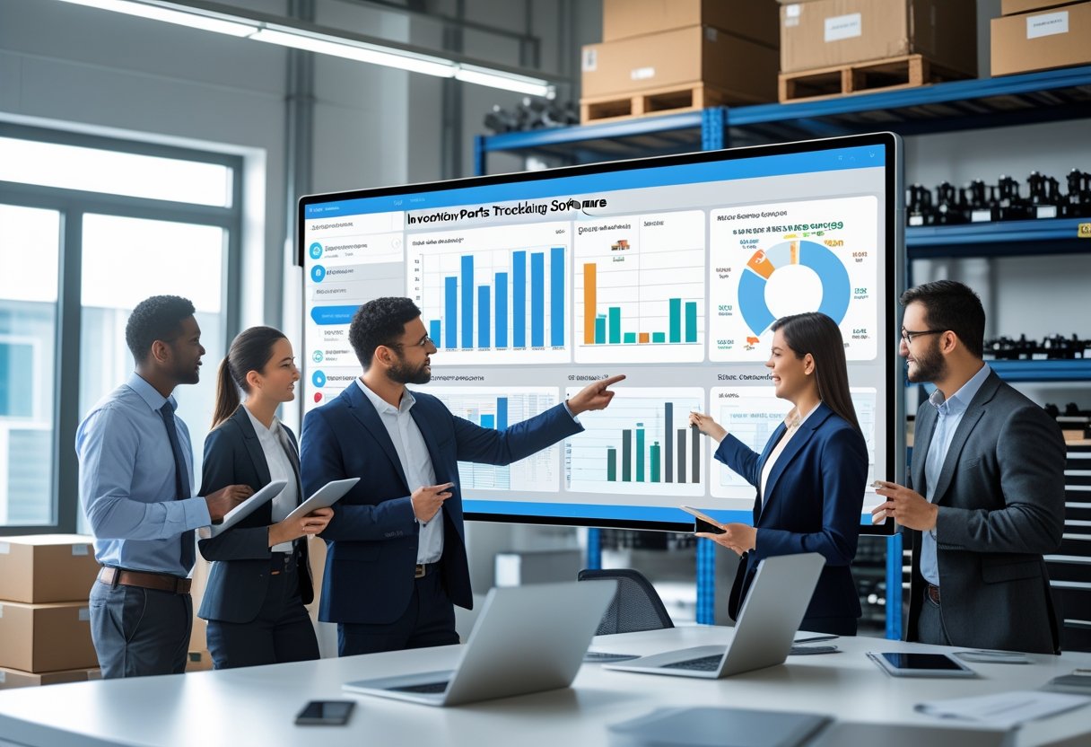 A group of professionals collaborating around a digital touchscreen displaying parts inventory data in an organized office with shelves of mechanical parts in the background.
