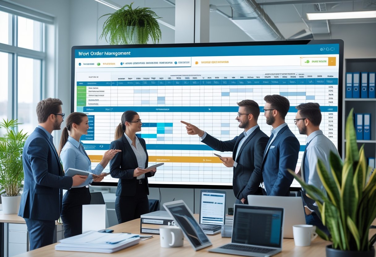 A team of professionals collaborating around a digital touchscreen display showing charts and task lists in a modern office.