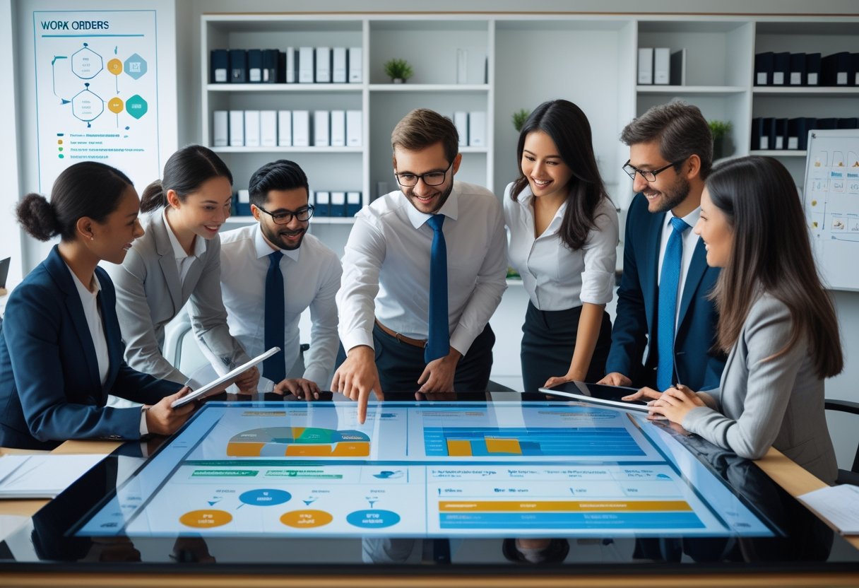 A group of employees collaborating around a digital touchscreen table showing work orders and charts in a modern office.