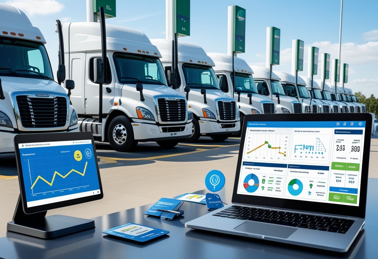 A fleet manager using a touchscreen dashboard to monitor fuel consumption while commercial trucks refuel at a modern station.