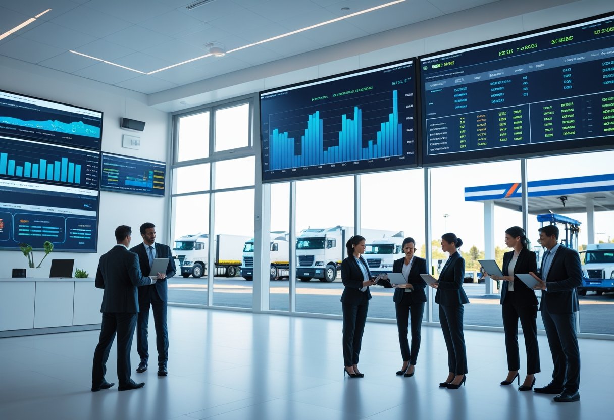 A team of professionals in a control room monitoring fuel consumption and vehicle locations on large digital screens, with commercial trucks refueling visible outside a window.