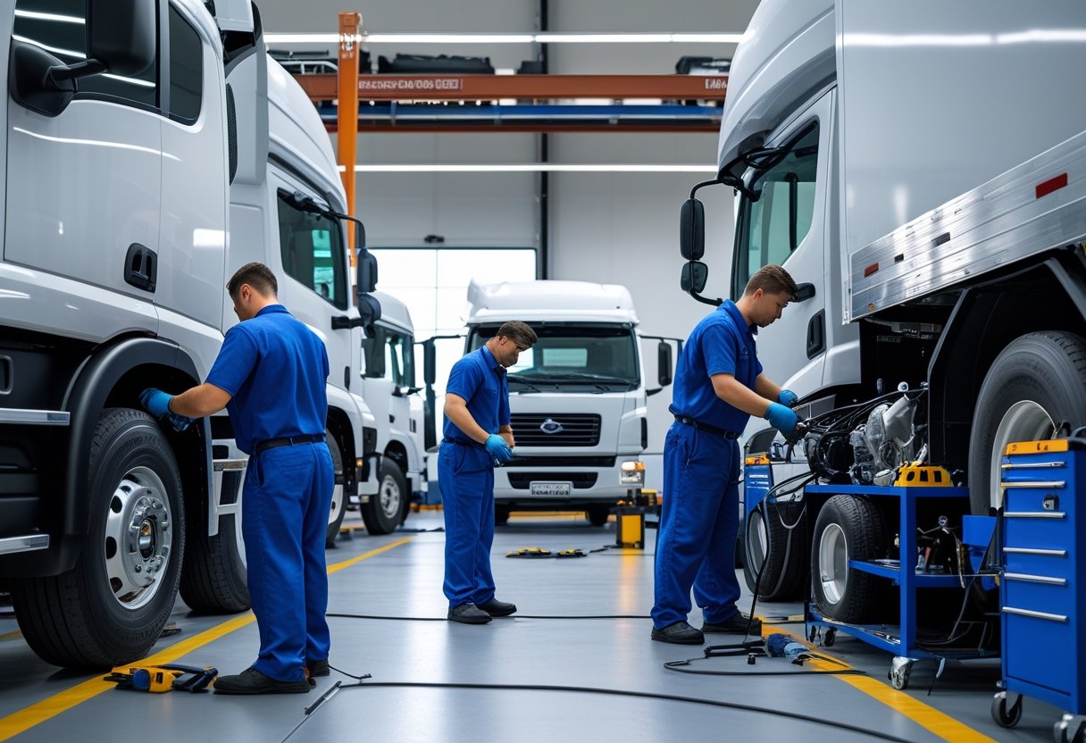 Mechanics performing maintenance on commercial trucks and vans in a clean and organized vehicle workshop.