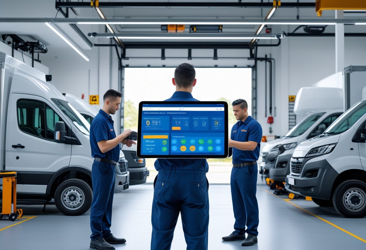 A fleet maintenance garage with mechanics servicing delivery vans and trucks while a manager reviews digital maintenance data on tablets and computers.