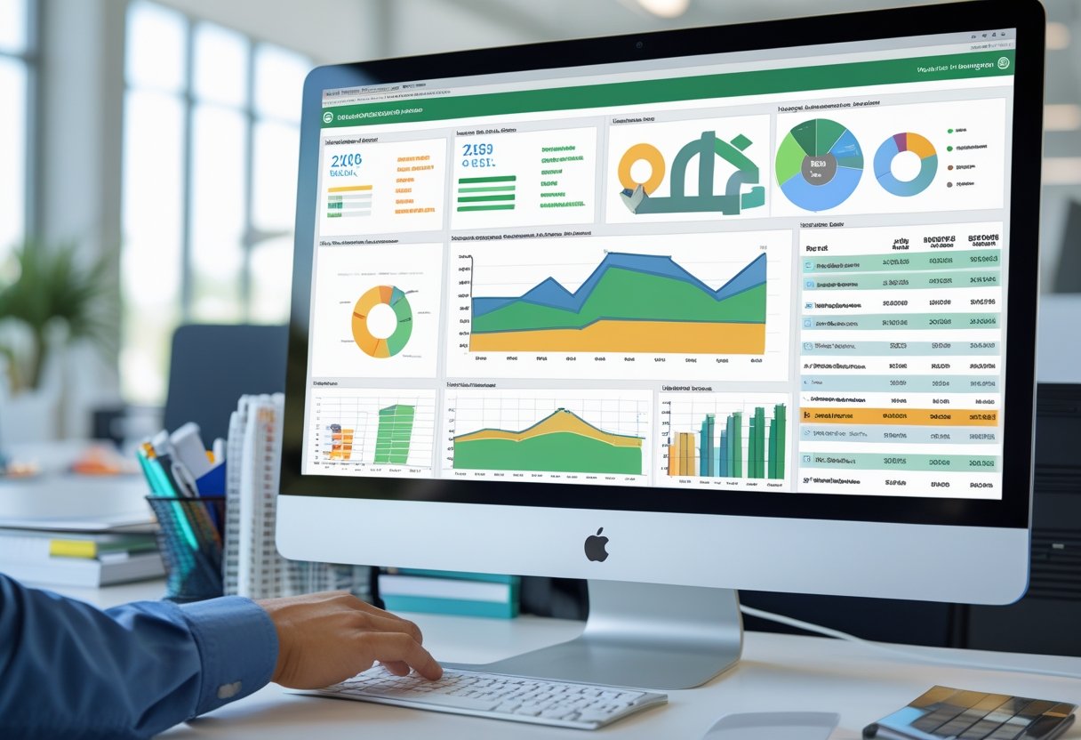 A computer monitor displaying a fleet management dashboard with charts and graphs in an office setting, with a person interacting with the screen.