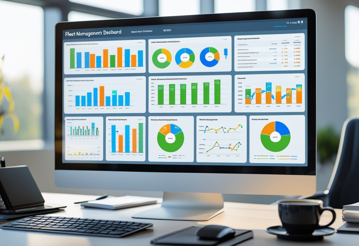 A computer monitor on an office desk displaying colorful charts and graphs of fleet management data, surrounded by office supplies.
