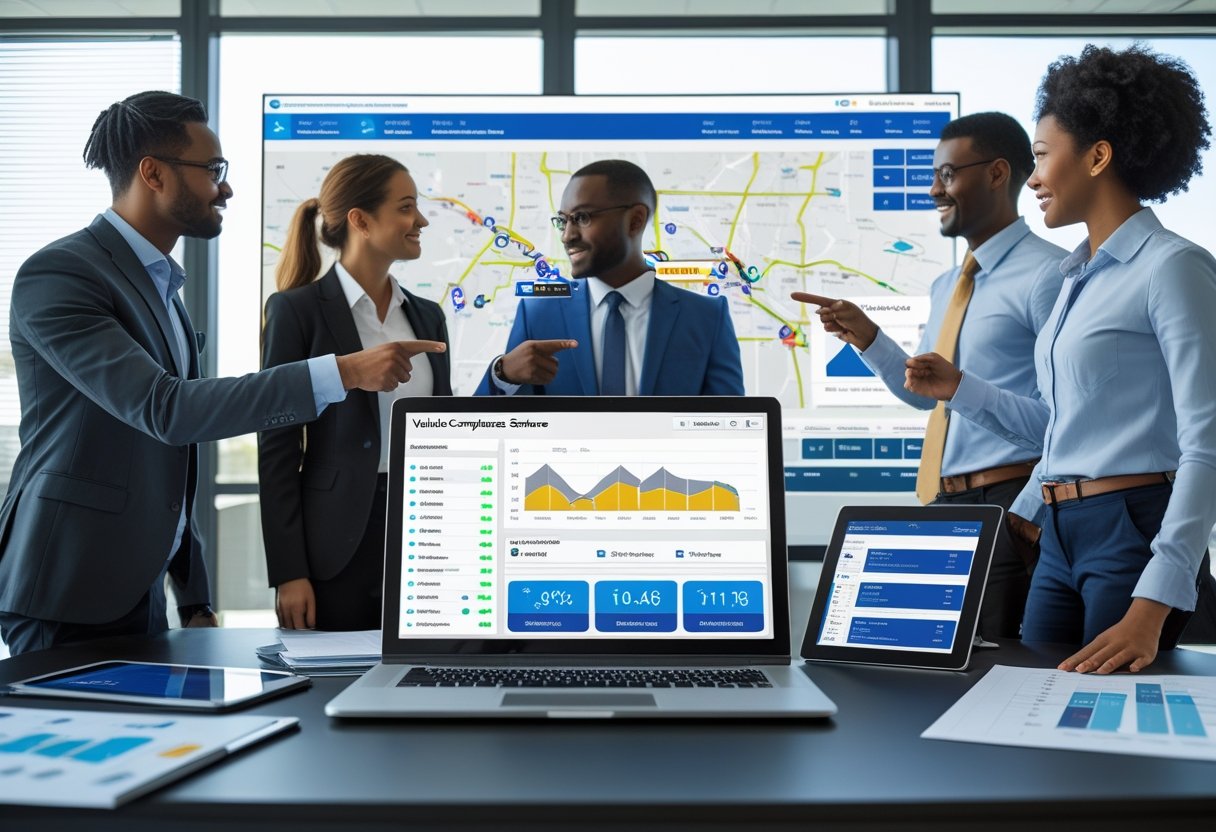 People working together in an office around a laptop and large screen showing vehicle data and maps related to compliance.