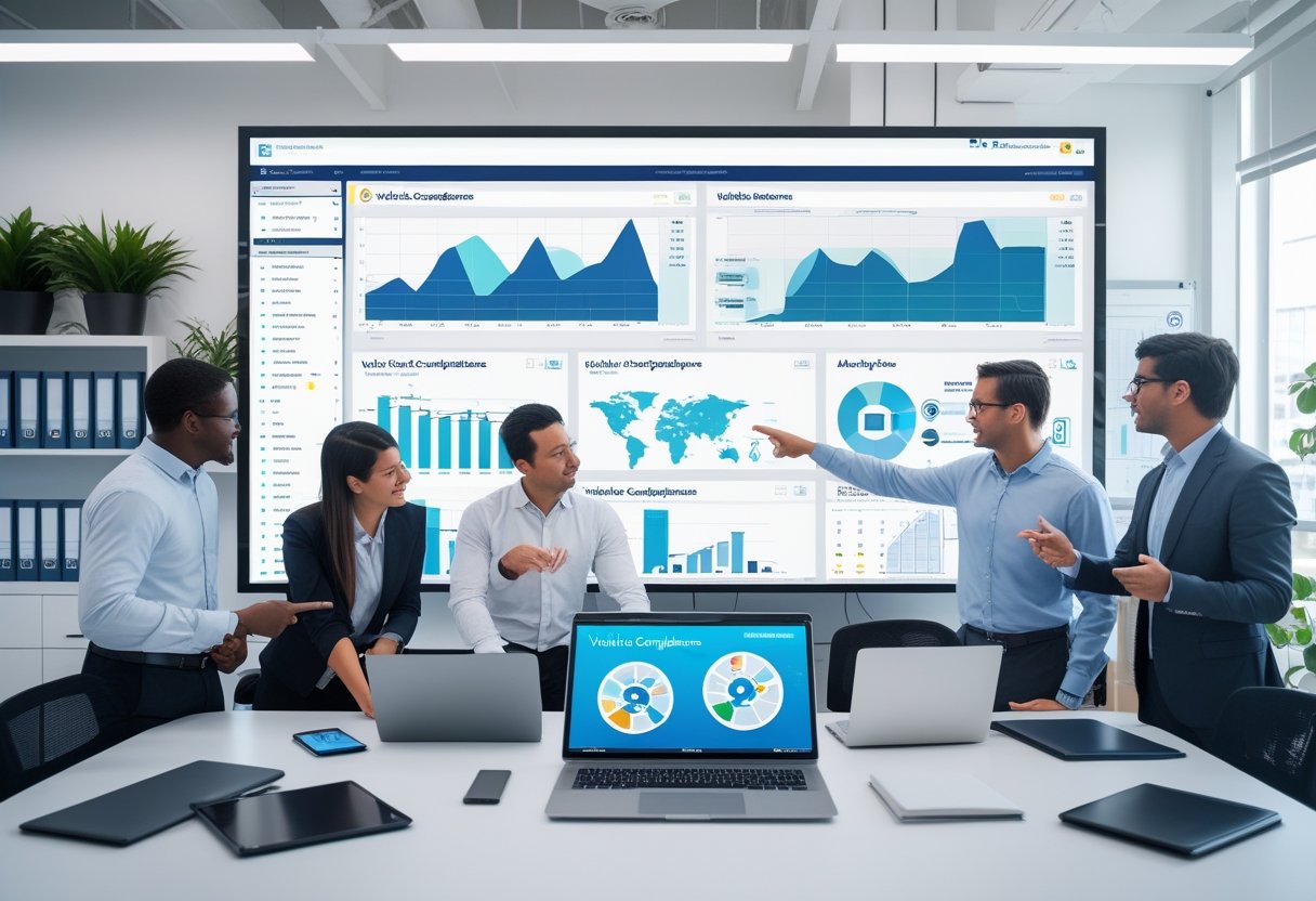 A group of professionals collaborating around digital screens displaying vehicle compliance data in a modern office.