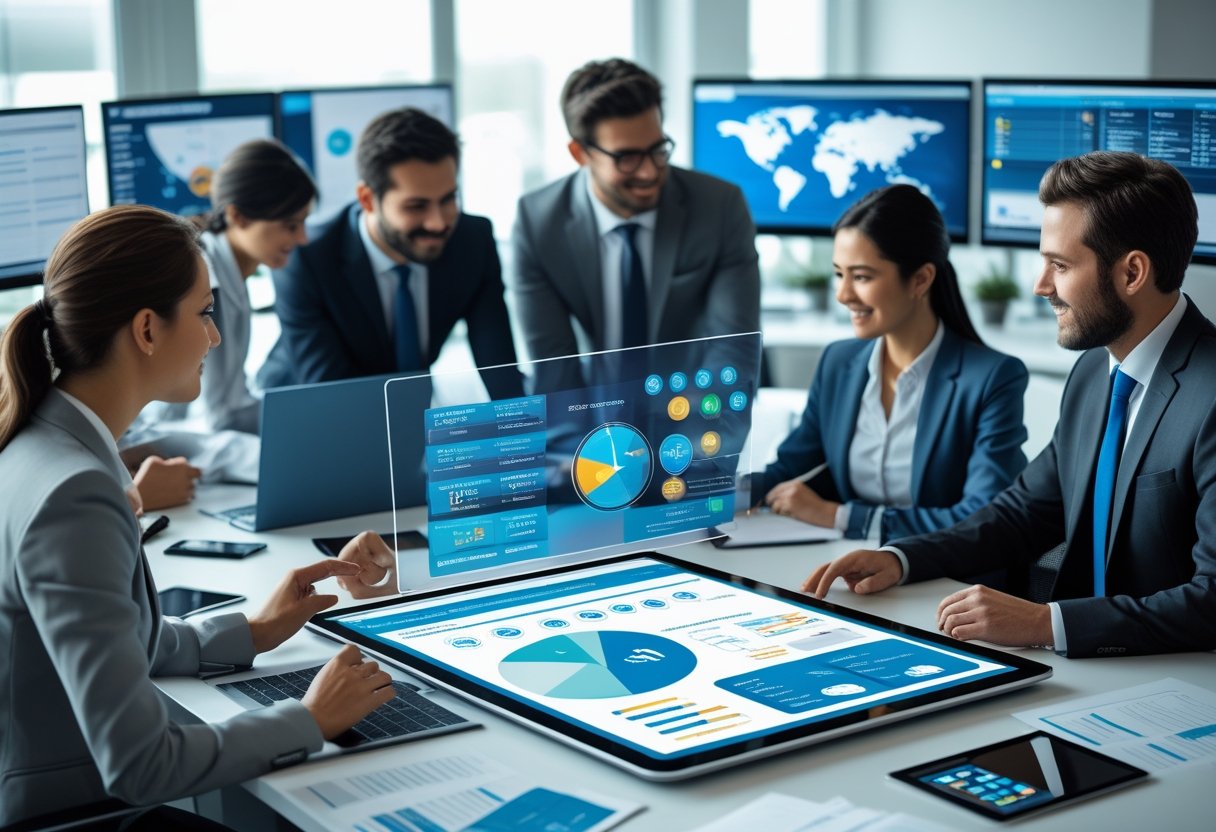 A group of professionals working together around a digital touchscreen table displaying vehicle compliance data and fleet tracking in a modern office.