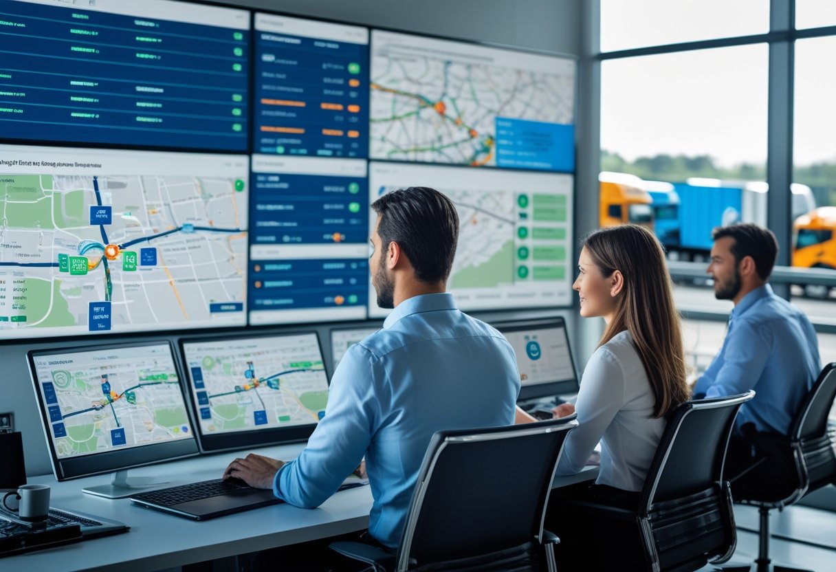 A team of professionals monitoring vehicle locations and routes on large digital screens in a control room overlooking a busy highway.