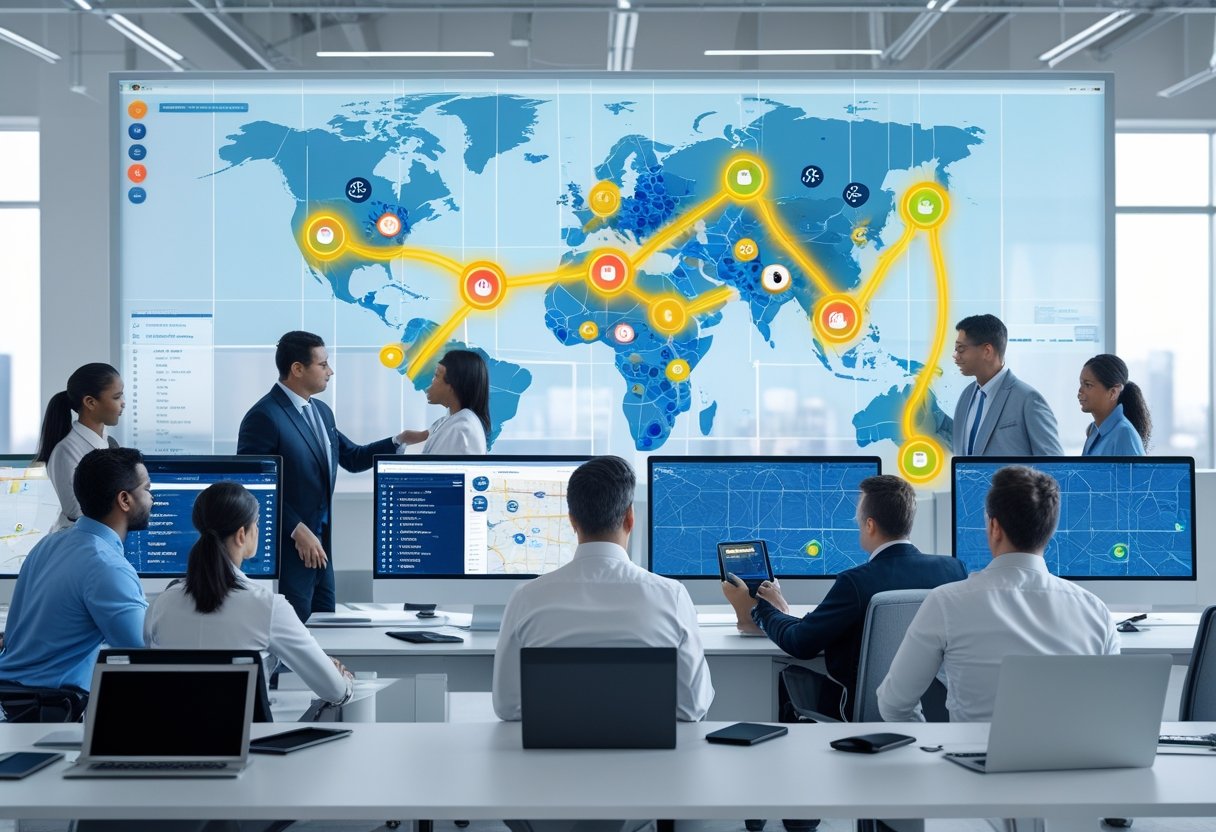 A team of professionals monitoring real-time vehicle locations on multiple computer screens in a bright office.