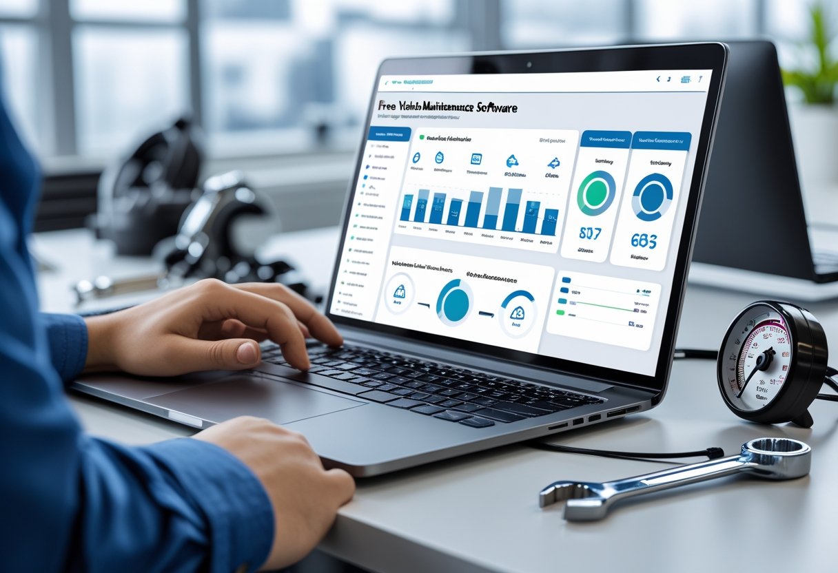 Person using a laptop showing vehicle maintenance software with automotive tools on a desk in a bright office.