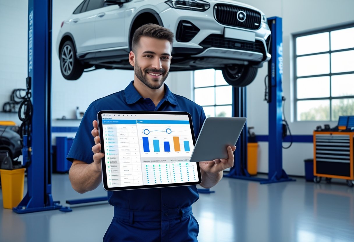 A mechanic using a tablet with vehicle maintenance software in a clean workshop with a car on a lift and tools nearby.