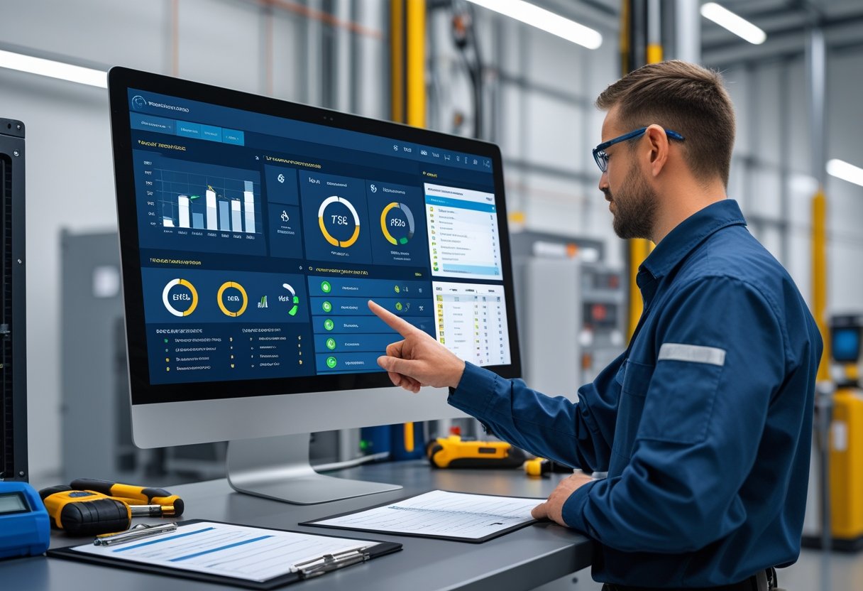 A person using a computer with a maintenance tracking dashboard, surrounded by tools and industrial equipment.