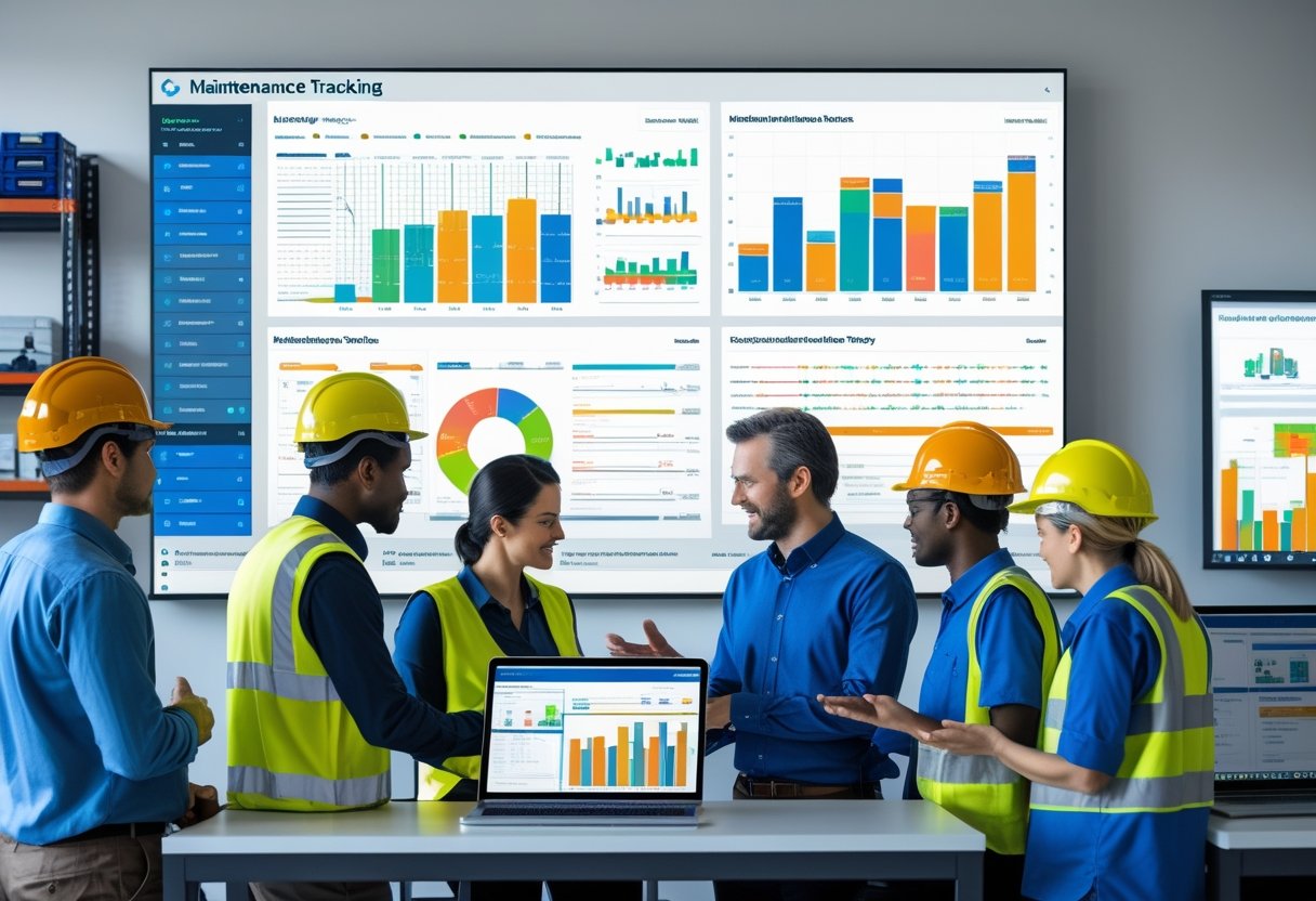 A team of engineers and technicians working together around a large digital touchscreen displaying maintenance tracking data in an office with tools and equipment nearby.