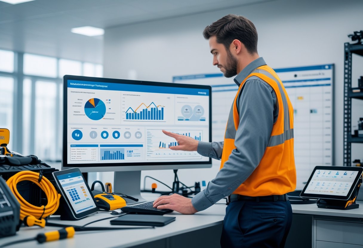 A technician working at a computer displaying a maintenance tracking dashboard in an organized office with tools and equipment nearby.