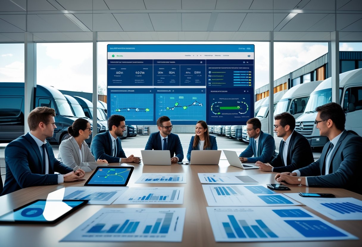 A team of professionals discussing vehicle fleet data in an office with a view of commercial vehicles outside.