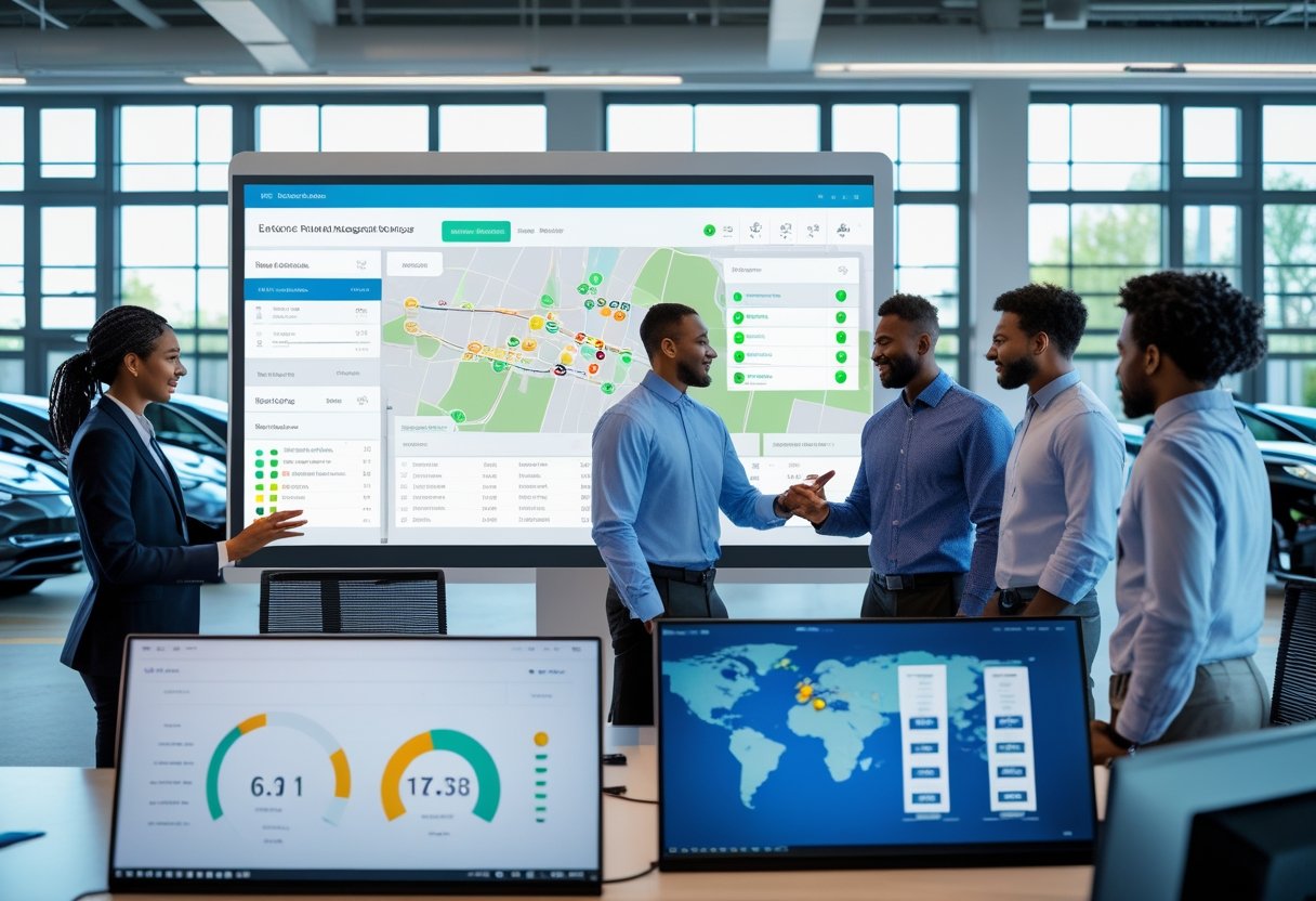 A team of professionals working together in an office with digital screens displaying electric vehicle fleet data and electric cars visible outside.