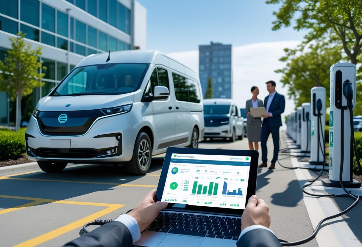 A team of professionals using a tablet to manage a fleet of electric vehicles parked near charging stations in a corporate parking lot.