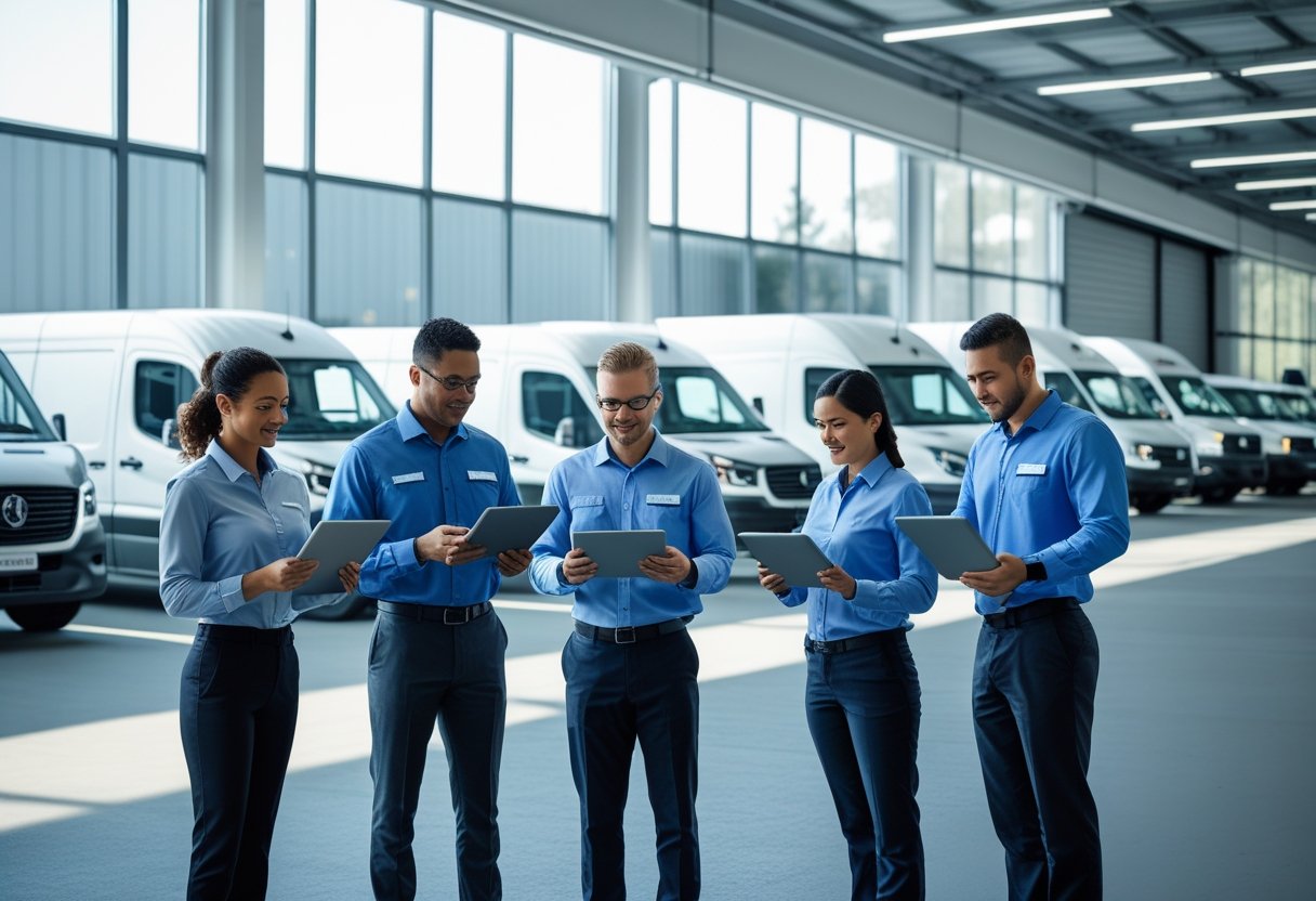 A team of professionals reviewing vehicle tracking data in an office with commercial vehicles parked outside a garage.