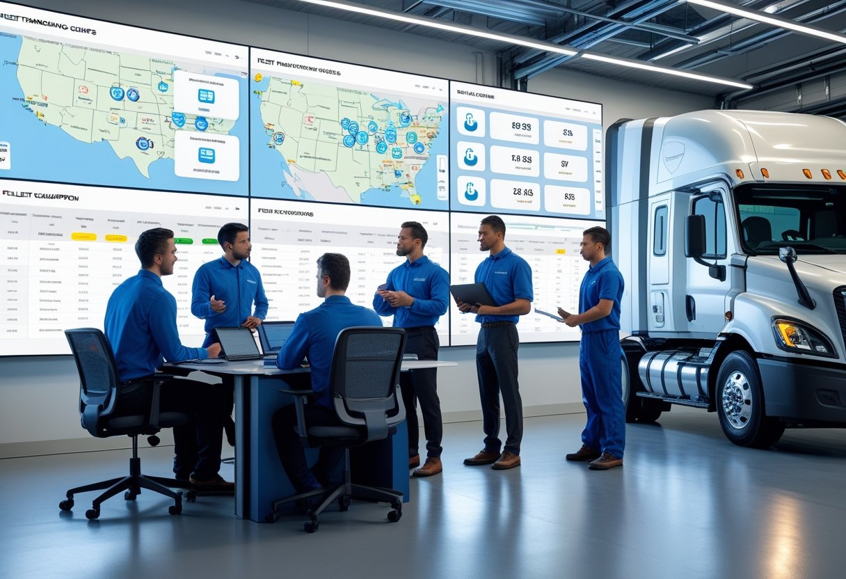 A team of fleet managers and a mechanic working together in a fleet management office and garage with digital screens showing vehicle data and a commercial vehicle being inspected.