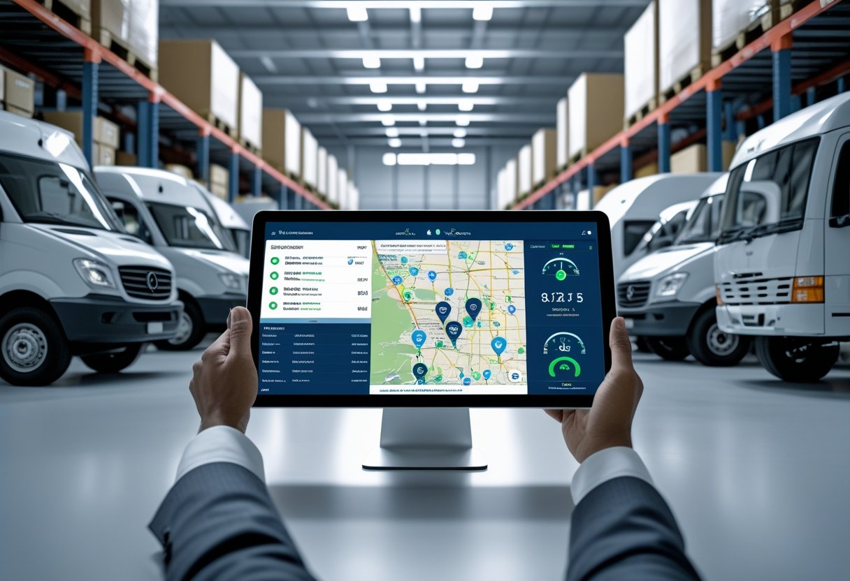 A business professional reviewing real-time fleet tracking data on a touchscreen with trucks and a logistics warehouse in the background.
