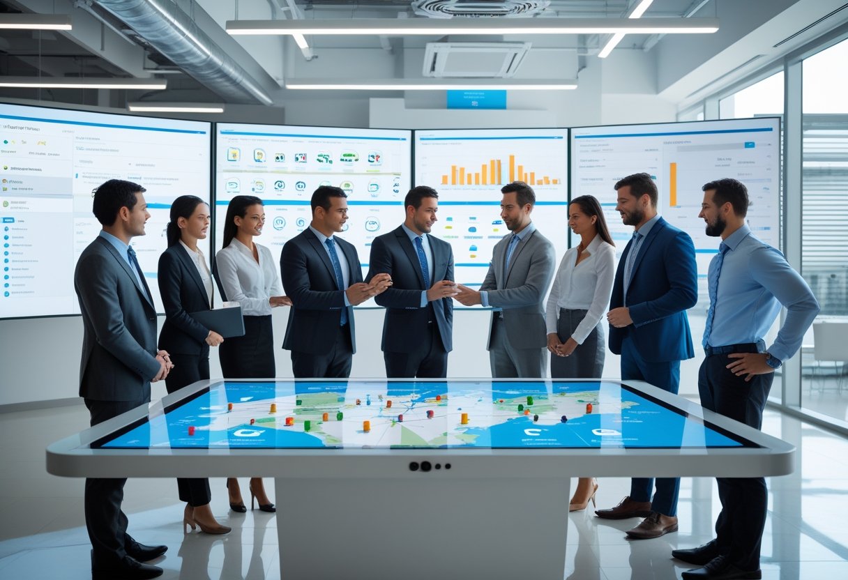 Business professionals in a modern office using a digital touchscreen table to manage and track a fleet of vehicles on a map.