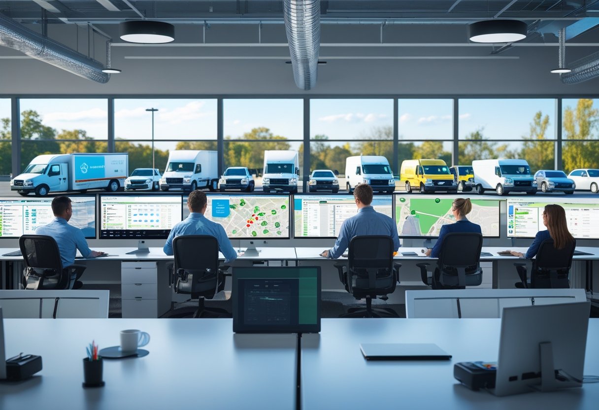 Office with professionals monitoring vehicle locations and data on multiple computer screens, with company vehicles visible outside the window.