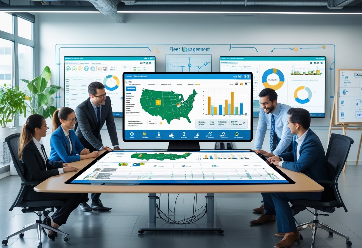 A team of professionals collaborating around a digital touchscreen table displaying fleet management data and maps in a modern office.