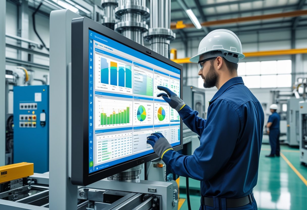 A technician wearing safety gear uses a touchscreen monitor in a bright industrial facility surrounded by machinery and equipment.