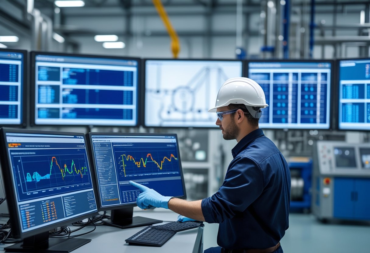 An engineer using a computer in a control room with industrial machines in the background.