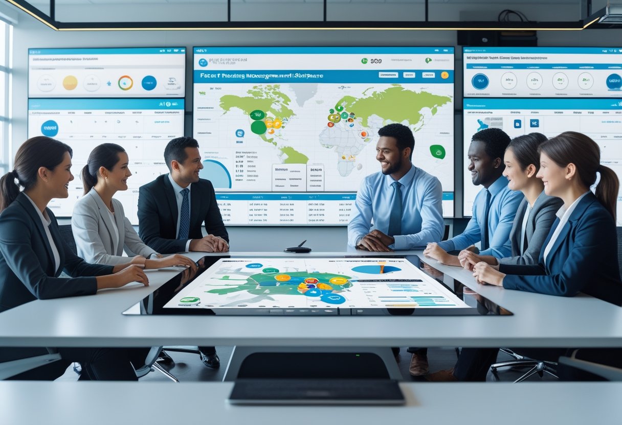 A group of professionals working together around a digital touchscreen table displaying fleet management data with maps and vehicle information in a modern office.