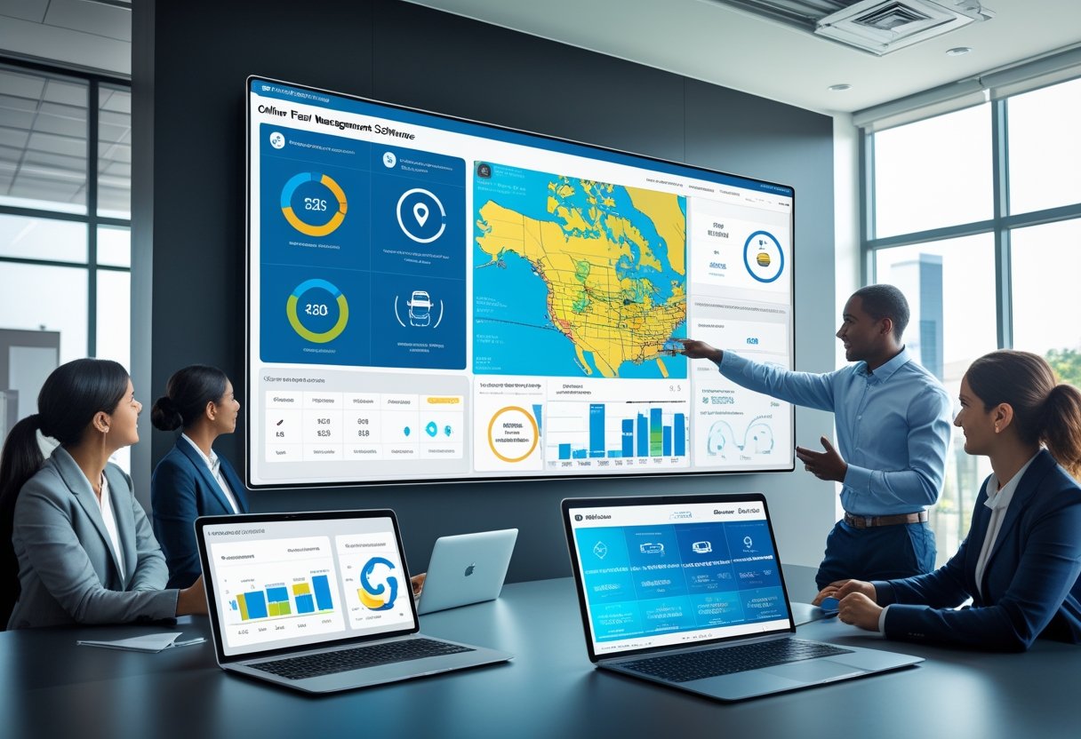 A group of professionals in an office collaborating around a large digital screen showing vehicle locations, tracking data, and graphs related to fleet management.