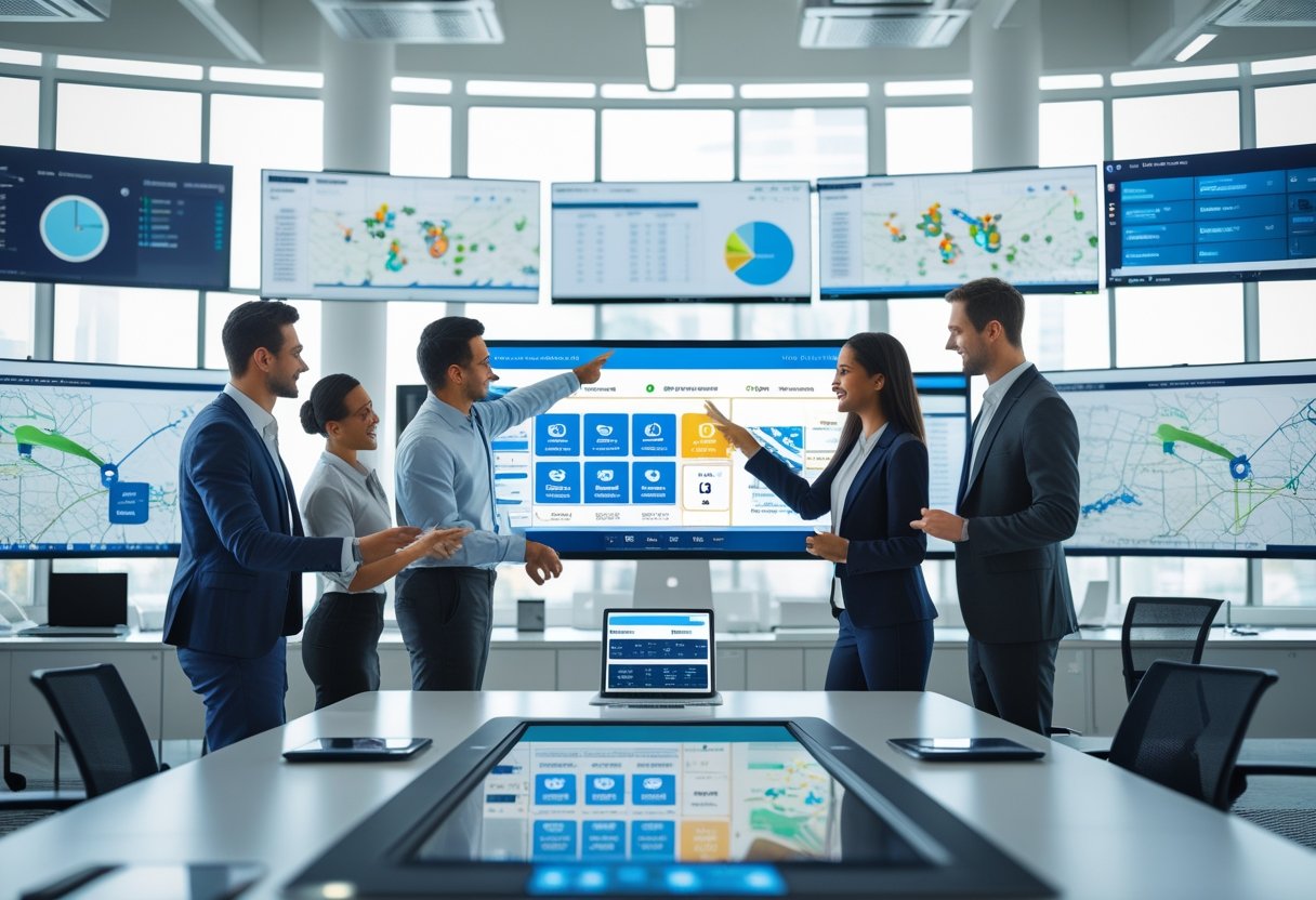 Business professionals collaborating around a digital touchscreen table displaying fleet management software with maps and data charts in a modern office.