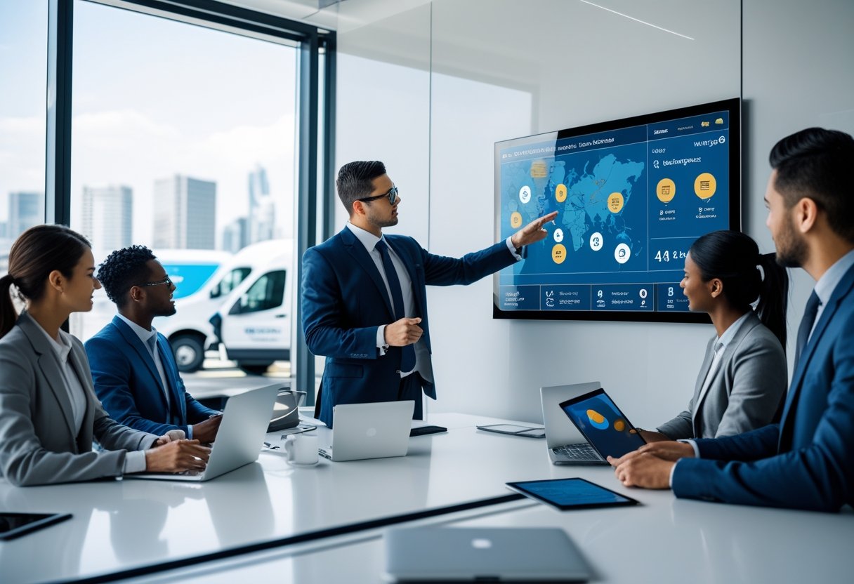 Business professionals in an office analyzing a large digital map with vehicle locations and data on a touchscreen display.
