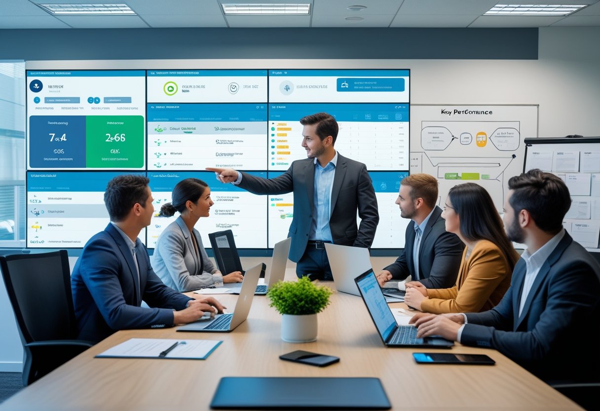 A team of professionals in an office collaborating around a table with digital dashboards showing vehicle data in the background.