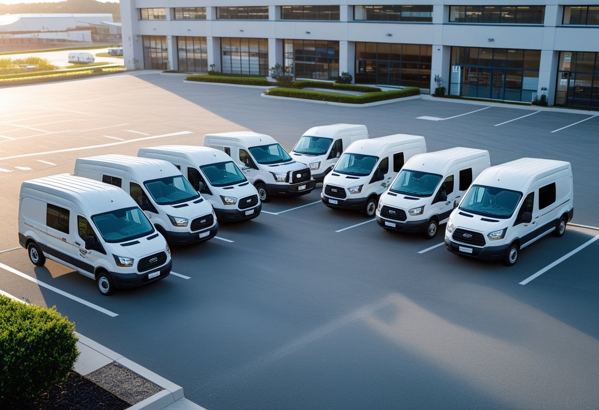 A small group of delivery vans and trucks parked neatly in a lot near warehouses on a clear day.