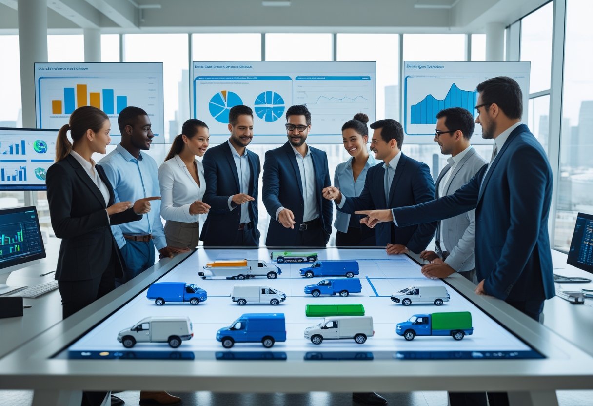 Business professionals analyzing digital models and data of fleet vehicles in a modern office.