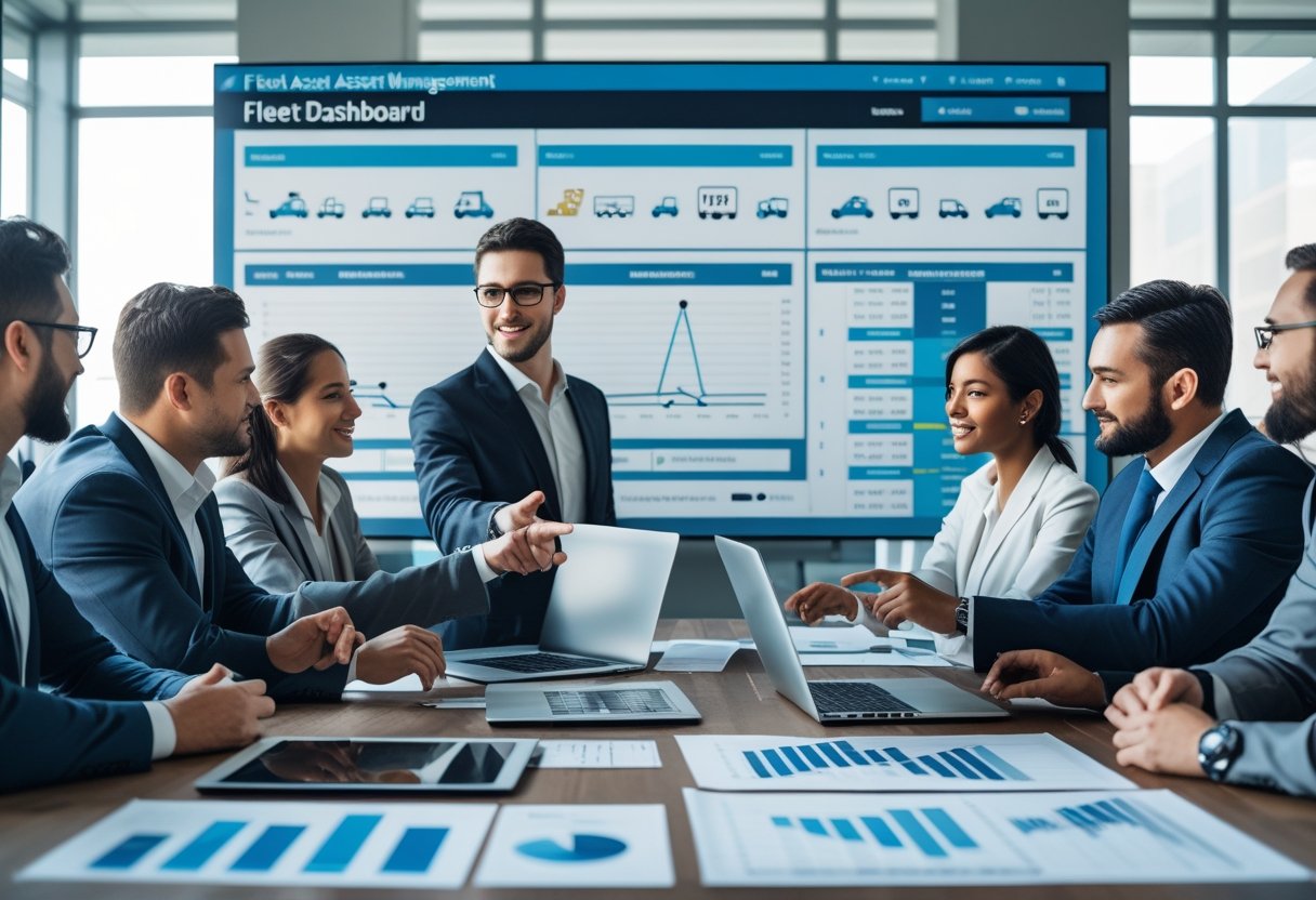 Business professionals collaborating around a table with laptops and charts showing vehicle tracking and fleet management data in a bright office.