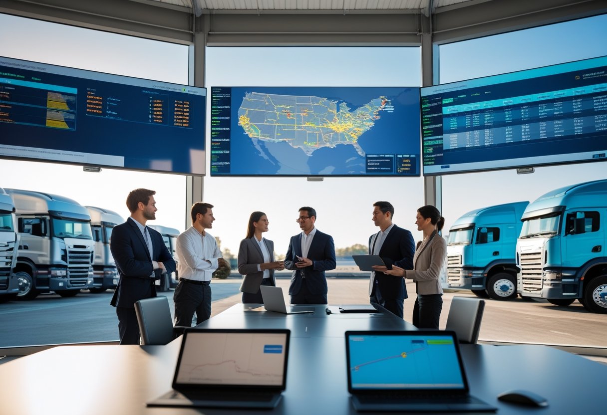 A team of professionals collaborating in a logistics control center with digital screens showing fleet data and trucks parked outside.