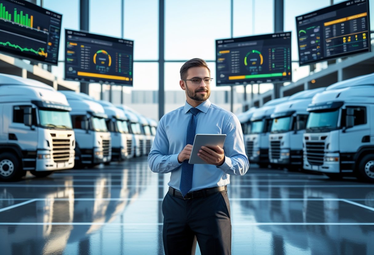 A team of managers monitoring digital screens and a parking lot with several trucks lined up, representing truck fleet management.
