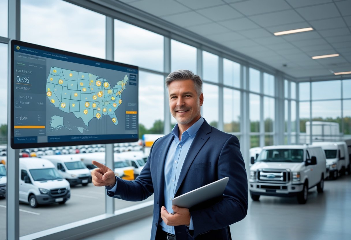 A fleet manager in an office monitoring vehicle fleet data on digital screens with a parking lot of commercial vehicles visible outside.