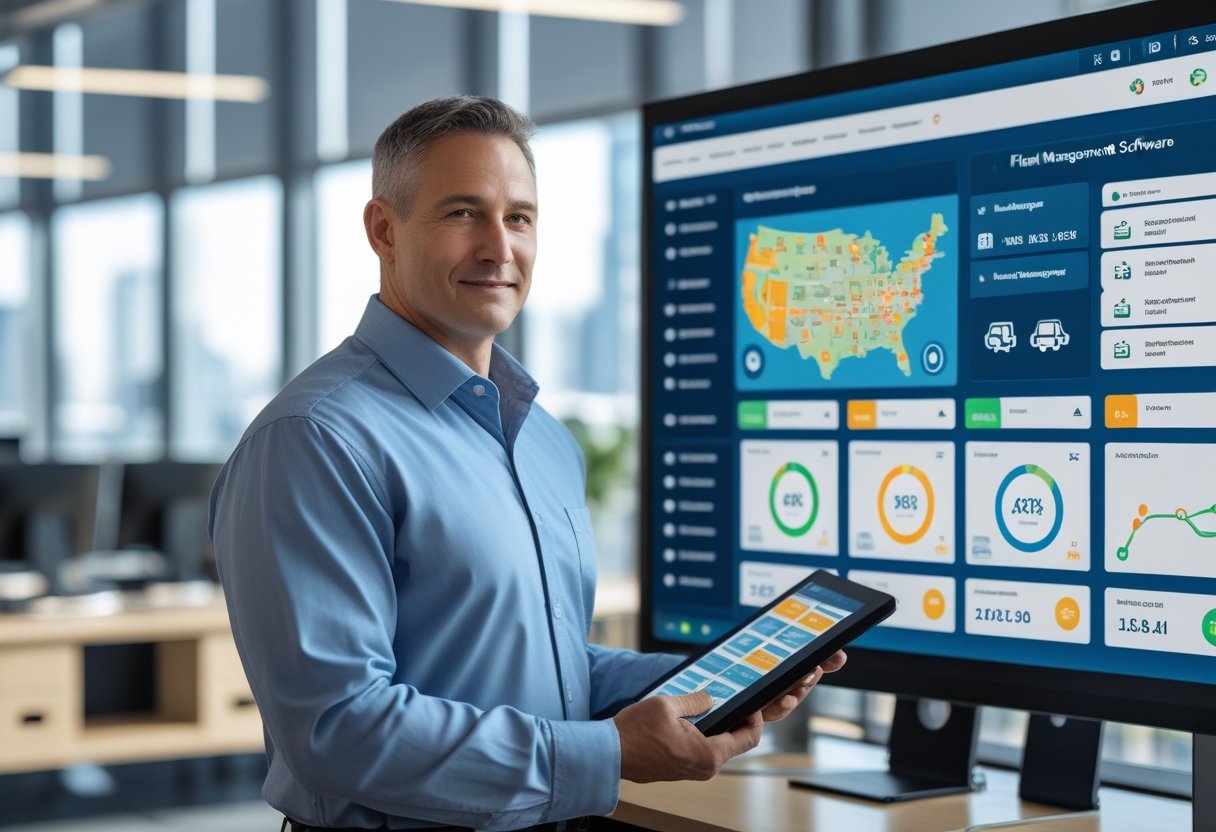 A fleet manager standing in an office next to a digital dashboard showing maps and vehicle data, holding a tablet.