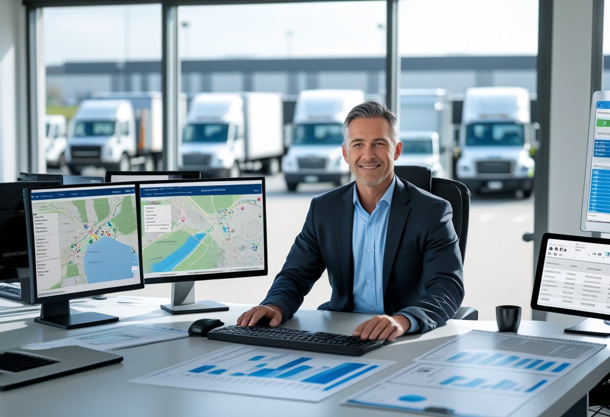 A fleet manager working at a desk with multiple monitors showing vehicle locations and logistics data, with commercial vehicles visible outside the office window.